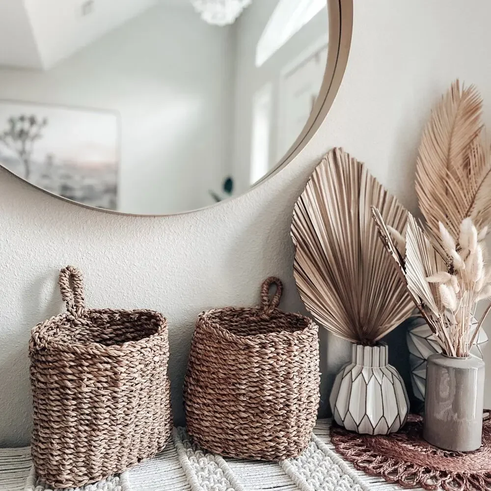 2 Magnolia Farmhouse Hanging jute woven seagrass boho wall baskets Joanna Gaines